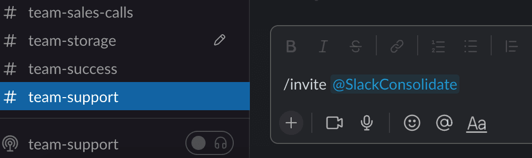 The picture shows the command /invite @Slackbot in the channel #team-support.